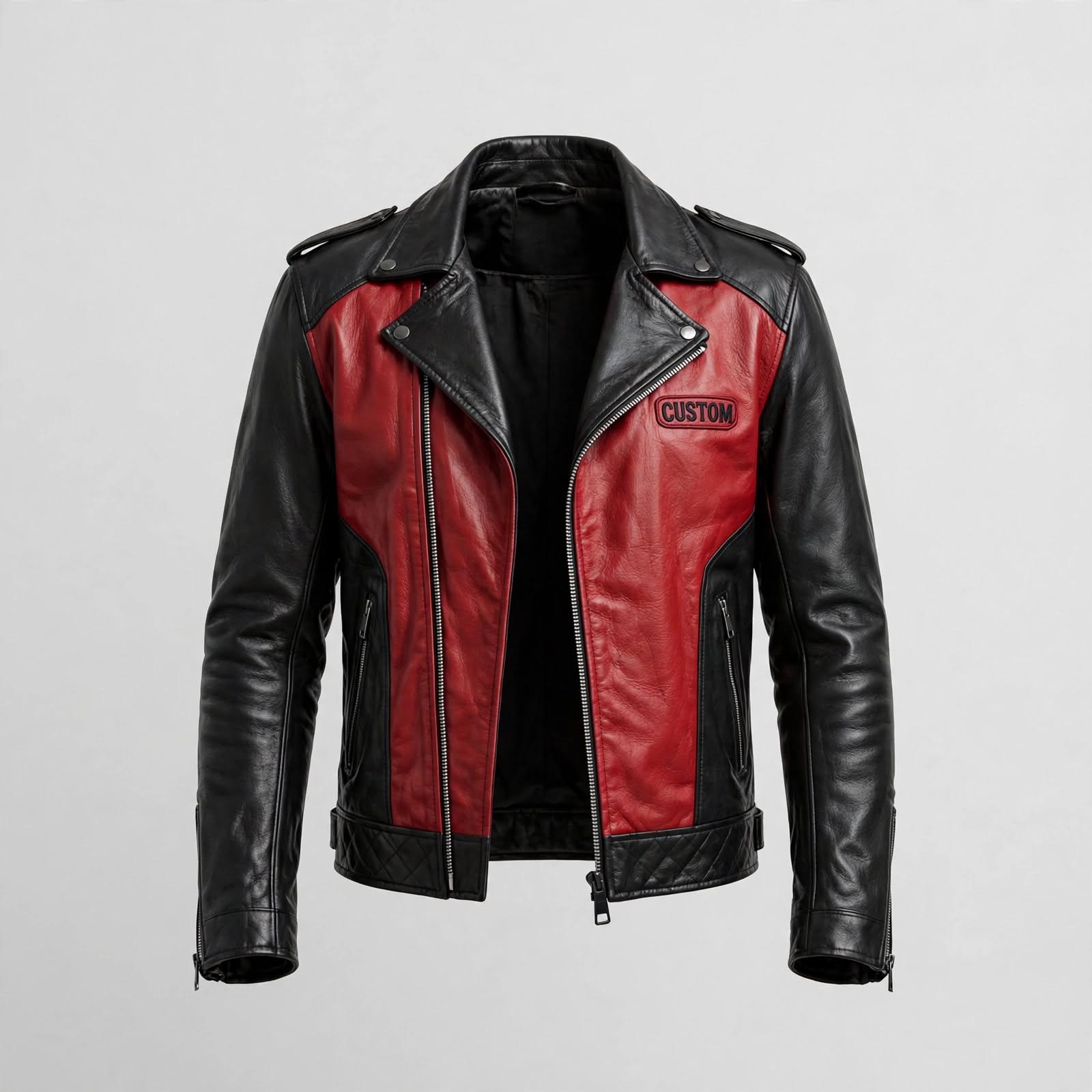 Custom Leather Biker Jacket - RedBlack